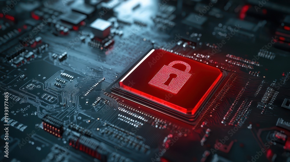 Poster enhanced data protection, red padlock secures computer chip symbolizing cybersecurity