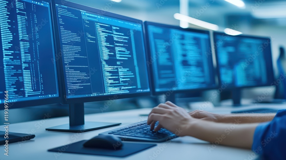 Poster man diligently typing on computer keyboard, focused on work