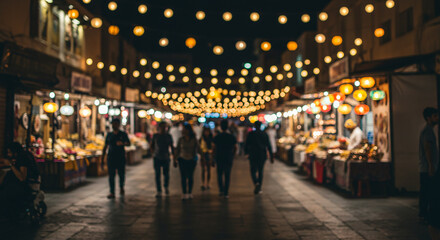 Night Market Street Scene Illuminated Vendors Shoppers and Festive Lights
