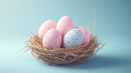 Elegant Easter Nest with Pastel Speckled Eggs on Blue Gradient