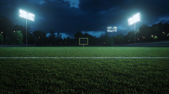 A nighttime view of a football field with bright floodlights and a goalpost in the distance.