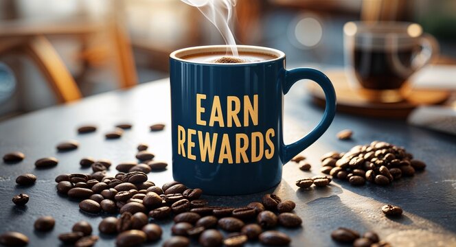 earn rewards lettering on coffee mug at table