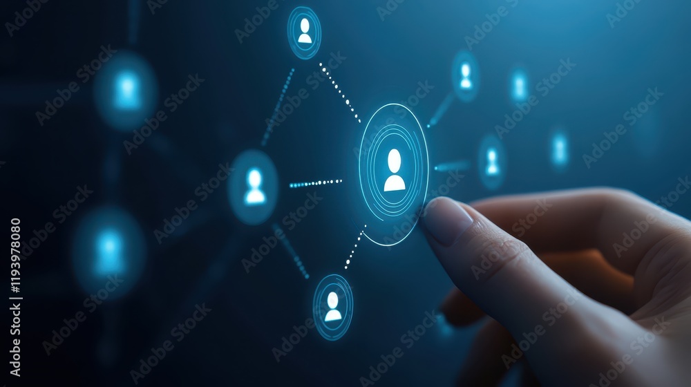 Poster hand activating network icon on touchscreen, seamless digital connection in modern interface design.