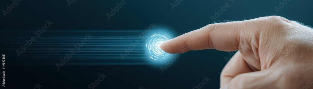 Poster closeup of a finger activating button, human interaction with digital technology.