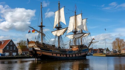 A majestic tall ship with sails, docked in a serene harbor, reflecting maritime history and adventure.
