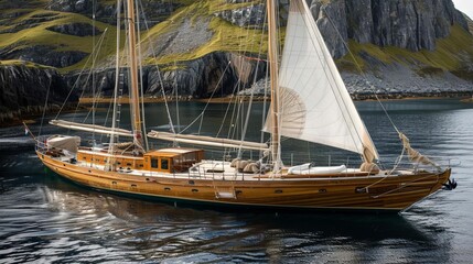A majestic wooden sailboat anchored in a serene bay surrounded by rocky cliffs and calm waters.