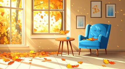 Autumn sunbeams, cozy armchair, falling leaves, window view
