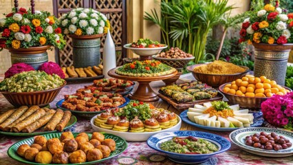Fototapeta premium Colorful Festive Spread of Traditional Dishes and Sweet Delicacies