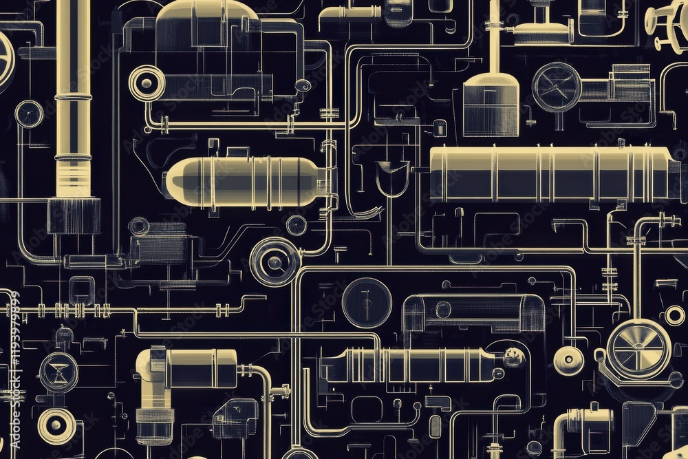 Poster geometric industrial pattern showcasing interconnected oil tanks and piping systems in a modern faci