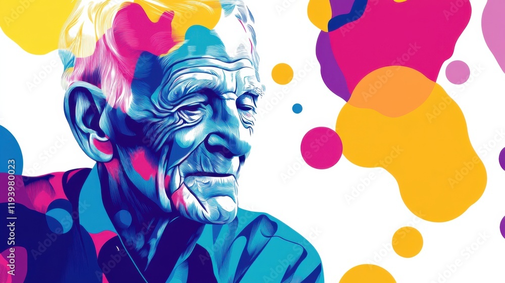 Poster vibrant illustrated portrait of an elderly man with abstract colorful patterns surrounding his face 