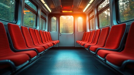 Fototapeta premium Interior of a train with red seating and sunlight.