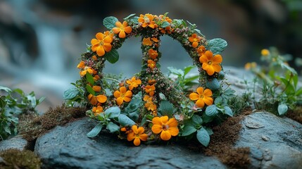 A close-up of a peace sign made from flowers or plants, symbolizing harmony with nature and the environment. 69