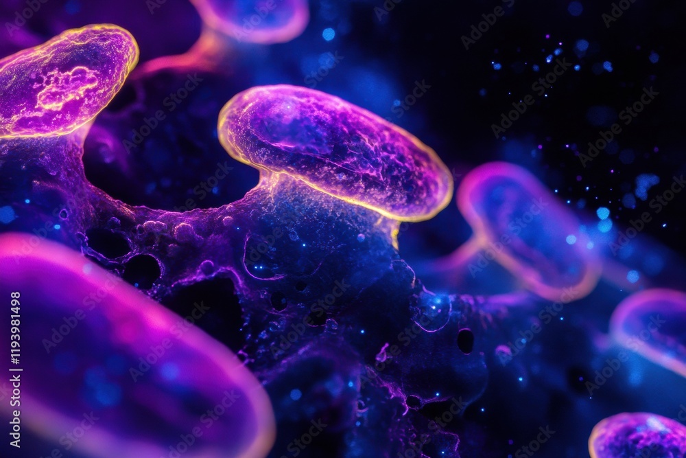 Leinwandbilder glowing bacteria illuminated by ultraviolet light in a dark environment showcasing vibrant colors an