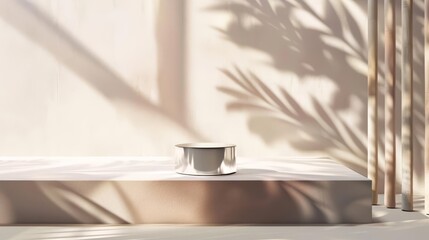 A minimalist scene featuring a reflective bowl on a platform with soft shadows from nearby plants.
