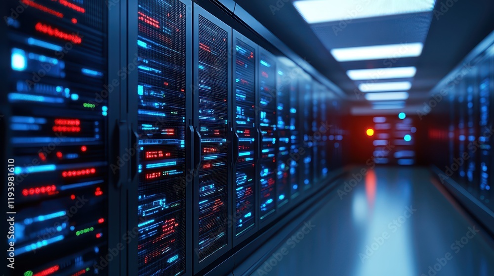 Poster long hallway in a modern data center with rows of server racks