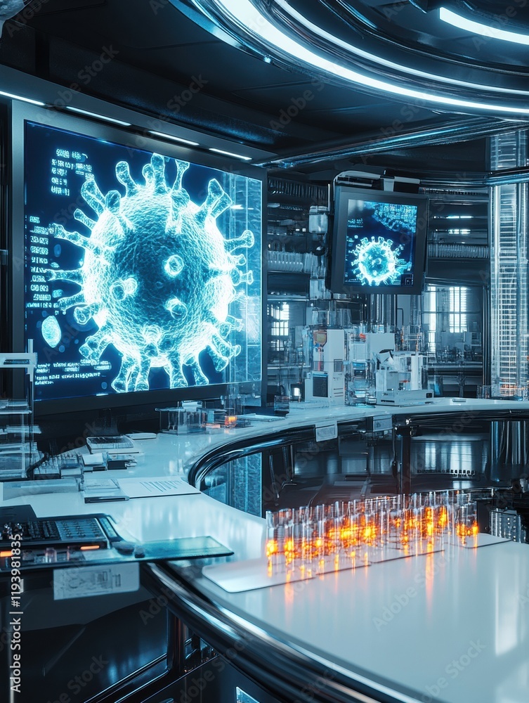 Poster modern laboratory featuring glowing monitors and test tubes with virus imagery highlighting advanced