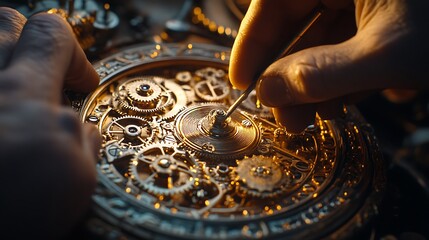 A close-up of a repairman’s hands using a tiny screwdriver on the gears of an ornate clock, golden details of the clock glowing under warm light, blurred background of a rustic workshop,
