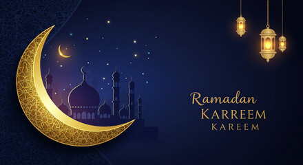 Ramadan Kareem Greeting Card Golden Crescent Moon Mosque Lanterns Night Sky