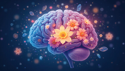 Human brain with blooming flowers, mental health concept, positive thinking, creative mind. Generative AI illustration
