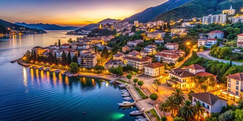 Fototapeta premium Scenic Coastal Town at Dusk with Calm Waters and Illuminated Buildings