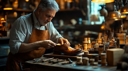 A cobbler in a leather apron buffing a shoe, detailed tools laid out on a wooden table, warm ambient lighting creating a timeless feel, sharp focus on the intricate leather details, cinematic framing,