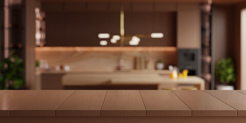 Kitchen with a wooden counter top and cabinet in brown mocha mousse 2025 color- 3D rendering