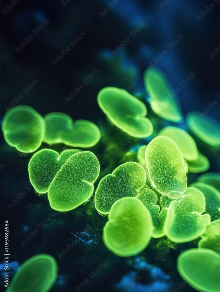 Poster glowing bacteria showcase vibrant bioluminescence under uv light in a dark environment. generative a