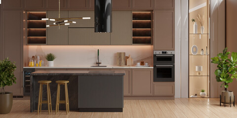 kitchen room interior in brown mocha mousse 2025 color with modern decoration - 3D rendering © Vanitjan