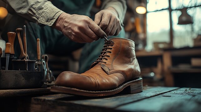 A cobbler repairing the heel of a leather boot, vintage tools hanging on the wall, worn wooden flooring adding to the rustic ambiance, natural light creating soft highlights,