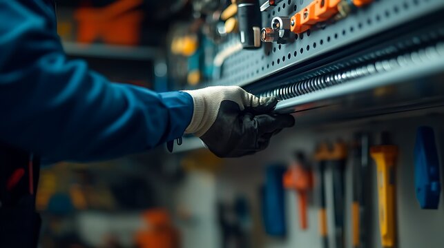 A garage door technician wearing safety gloves tightening the springs of a modern sectional door, organized workspace with tools hanging on a pegboard in the background, vibrant daylight,