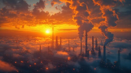 Fototapeta premium Majestic Industrial Skyline at Sunset with Smoke Stacks and Orange Sky Illuminating Factory Landscape in a Moody Atmosphere with Thick Clouds and Distant Lighting Effects