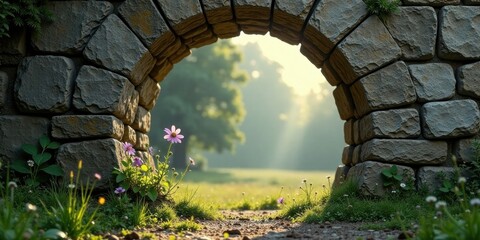 Serene Pathway Through Ancient Stone Archway, Leading to a Lush Meadow with Delicate Wildflowers Basking in the Golden Sunlight