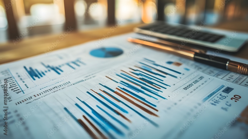 Poster financial report showing graphs charts and data analysis