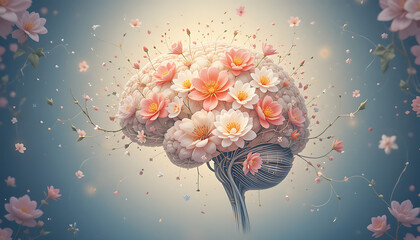 Human brain with blooming flowers, mental health concept, positive thinking, creative mind. Generative AI illustration