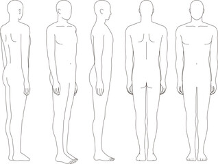 男性人体のイラスト。男性の前面、背面、斜めの略図.