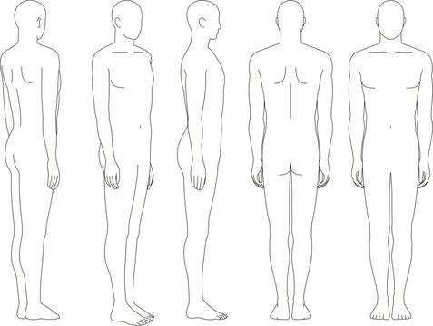 男性人体のイラスト。男性の前面、背面、斜めの略図.