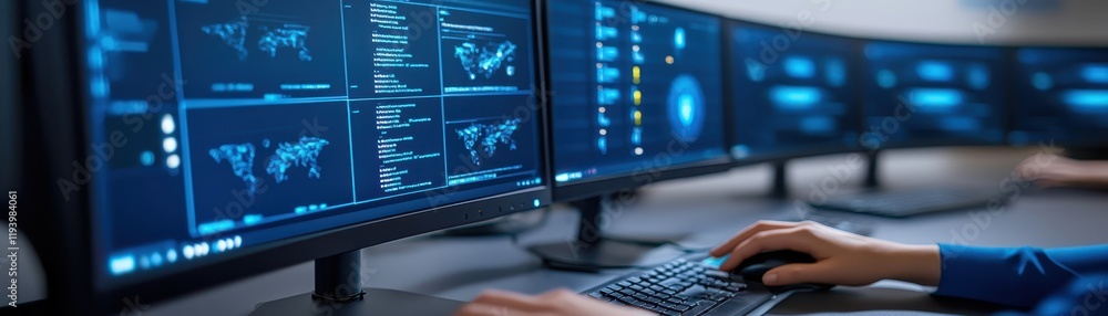 Poster skilled technician monitoring server operations in a hightech data center