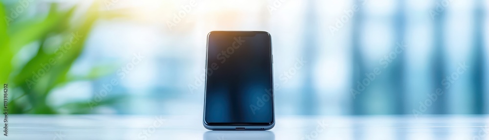Poster closeup view of a cell phone placed on table, modern communication device