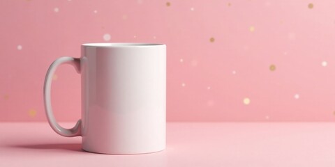 A Blank White Mug on a Pink Background with Subtle Gold and White Confetti