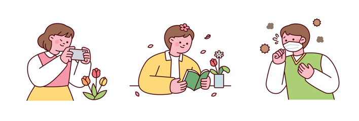 Spring season. People taking pictures of pretty flowers, people reading books while looking at plants, people coughing from pollen allergies.