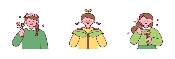 Spring season. A person with a pretty flower, a boy with a big sprout, and a girl who reads fortunes with flowers.