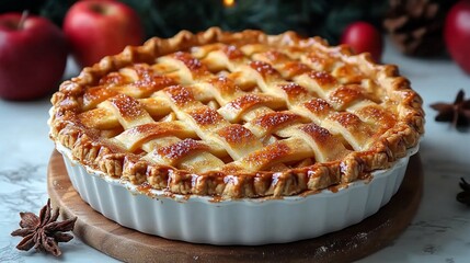 Delicious apple pie with lattice crust, served on wooden board.