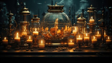 A collection of golden candle holders and glass jars illuminate a dark table top with warm candle light