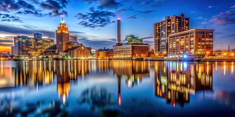 Naklejka premium Stunning City Skyline Reflection at Dusk over Calm Water Surface
