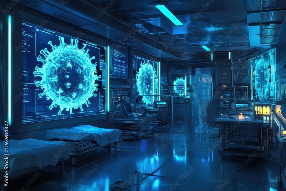 Leinwandbilder Modern laboratory featuring glowing monitors and test tubes visualizing viral structures in a high tech environment. Generative AI