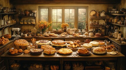 Rustic kitchen, autumnal light, abundant baked goods, harvest scene, food photography