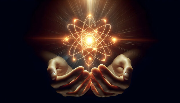 Atom Two hands cradling a glowing orb that represents an atom, with light radiating outward in various di1