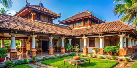 Obraz premium Traditional Asian Architecture with Lush Surroundings and Clear Sky