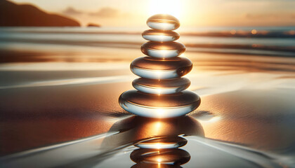 Obraz premium Atom A stack of smooth, transparent stones arranged in a vertical formation on a reflective surface, like3