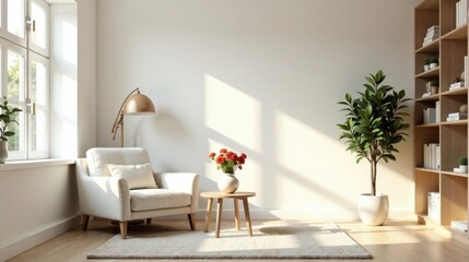 Fototapeta premium Serene minimalist living room interior with comfortable armchair, side table, potted plant, and bookshelf